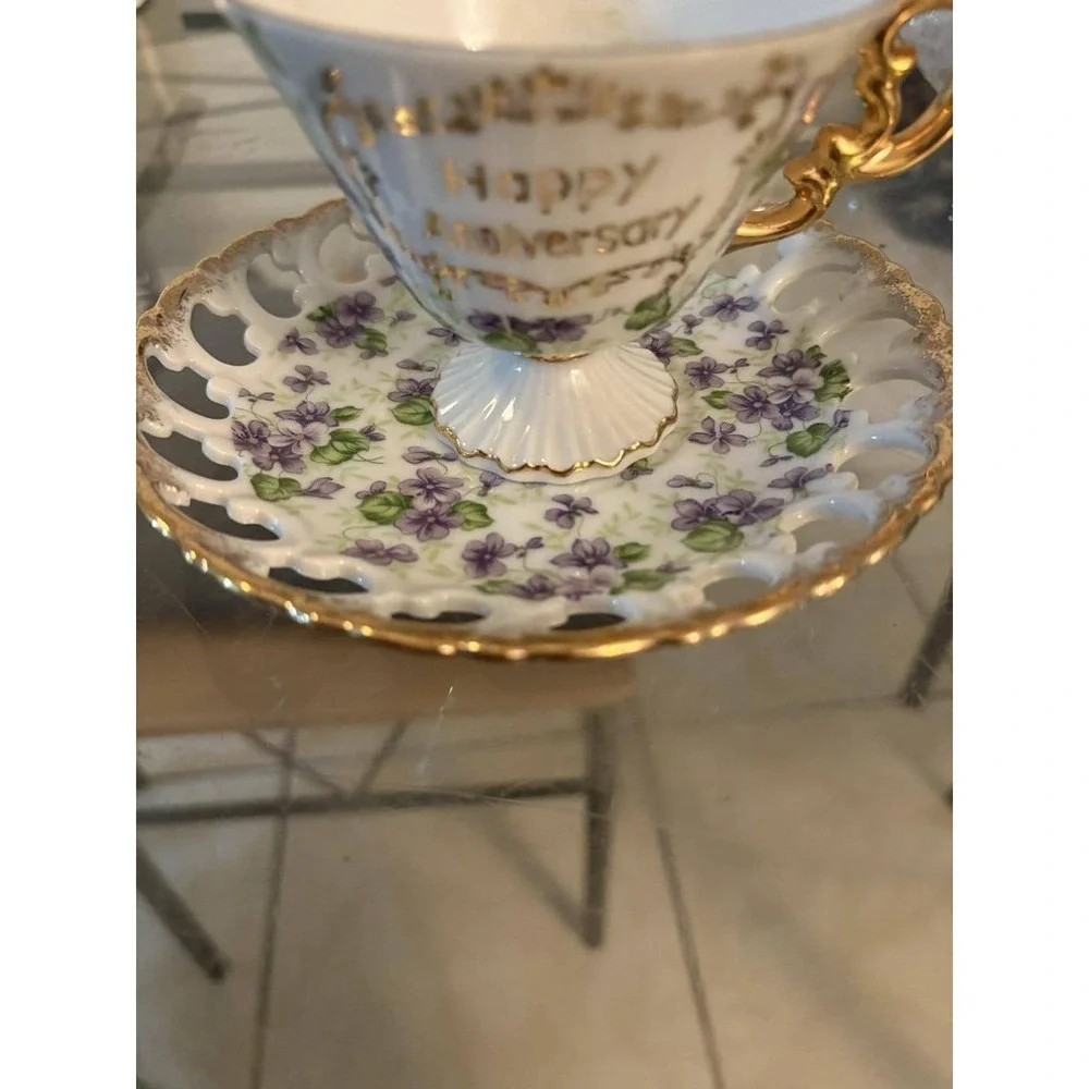 Vintage Lefton China Happy Anniversary Teacup Saucer Set Violets 2425 Japan